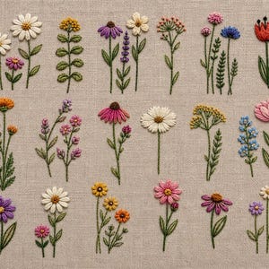 May include: An assortment of embroidered flowers in various colors, including white, yellow, pink, purple, and orange, on a beige fabric background. The flowers are detailed with green stems and leaves, showcasing a handcrafted aesthetic.