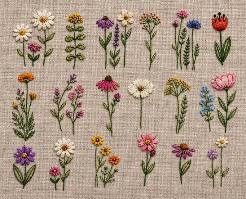 May include: An assortment of embroidered flowers in various colors, including white, yellow, pink, purple, and orange, on a beige fabric background. The flowers are detailed with green stems and leaves, showcasing a handcrafted aesthetic.