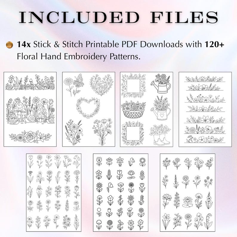 May include: A digital collection of 14 stick and stitch printable PDF downloads featuring over 120 floral hand embroidery patterns. The black and white line art displays various flowers, plants, mushrooms, snails, watering cans, and boots.