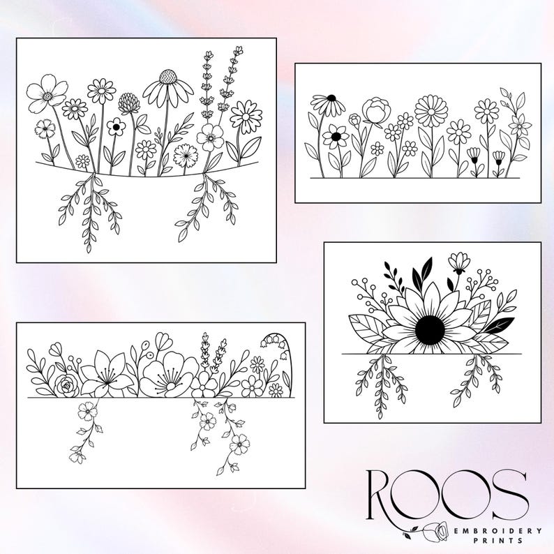 4 Printable Wildflower Hand Embroidery Patterns for Denim Pockets, Botanical Jeans Design PDF, Beginner Friendly Floral Stick & Stitch image 2