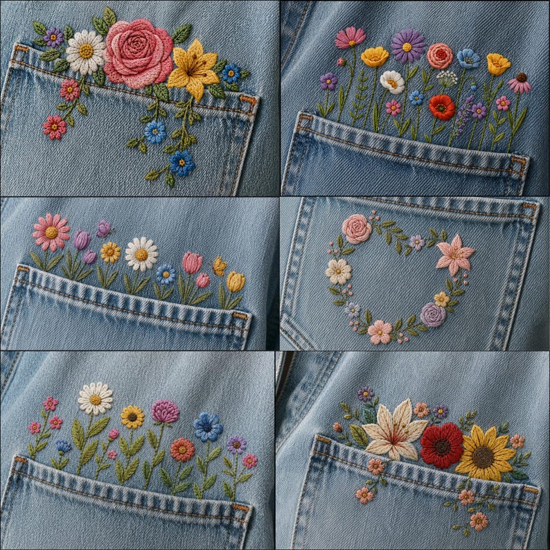 120+ Floral Hand Embroidery Pattern PDF, Floral Embroidery for Denim Jeans & Jacket Bundle, DIY Denim Pockets Pattern, Stick and Stitch image 5