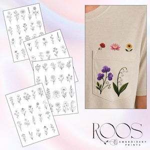 May include: The image showcases a beige t-shirt with an embroidered pocket featuring purple flowers, lily of the valley, and other colorful floral designs. Several sheets of floral line art stickers are also displayed. The ROOS EMBROIDERY PRINTS logo is visible.