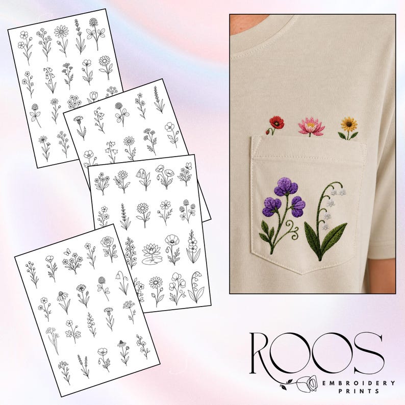 May include: The image showcases a beige t-shirt with an embroidered pocket featuring purple flowers, lily of the valley, and other colorful floral designs. Several sheets of floral line art stickers are also displayed. The ROOS EMBROIDERY PRINTS logo is visible.