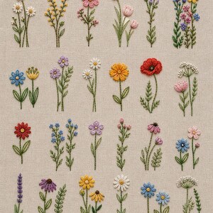 May include: A collection of embroidered flowers in various colors, including white daisies, pink tulips, and yellow sunflowers, on a beige fabric background. Each flower is meticulously crafted with detailed stitching, showcasing a variety of floral designs and textures.