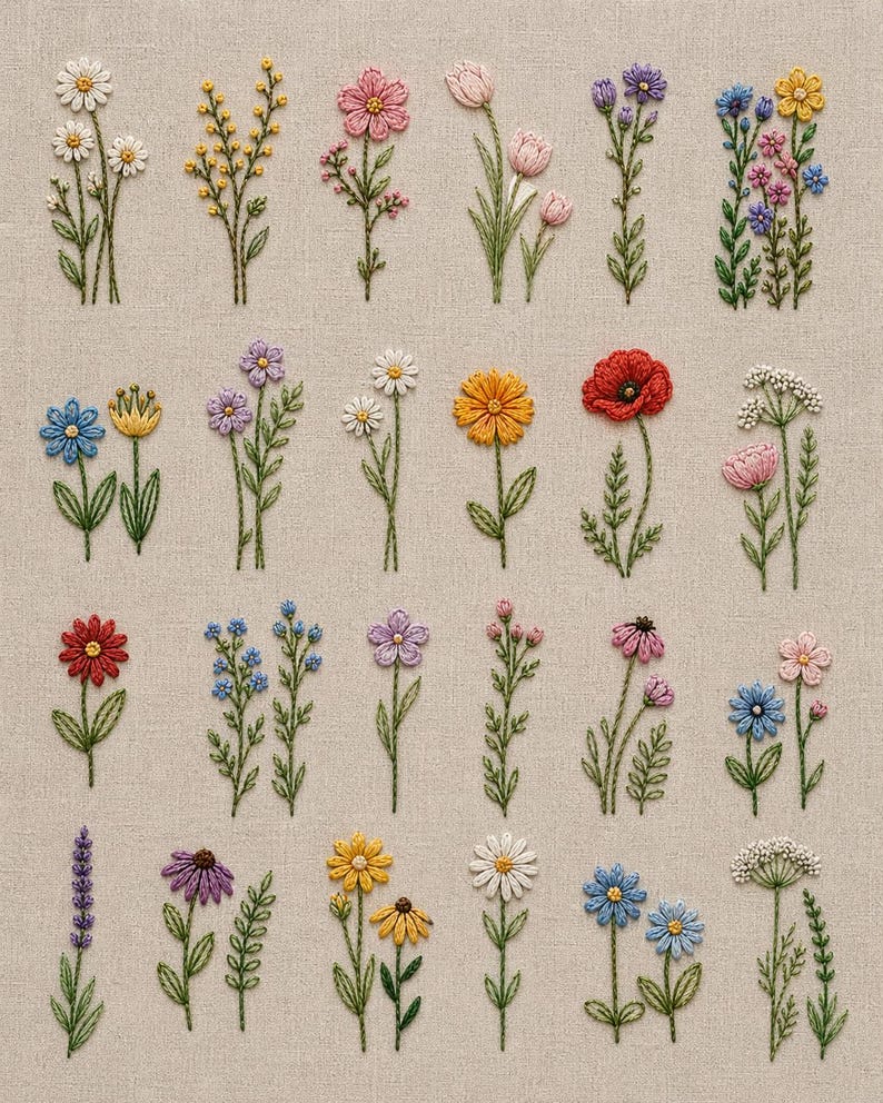 May include: A collection of embroidered flowers in various colors, including white daisies, pink tulips, and yellow sunflowers, on a beige fabric background. Each flower is meticulously crafted with detailed stitching, showcasing a variety of floral designs and textures.