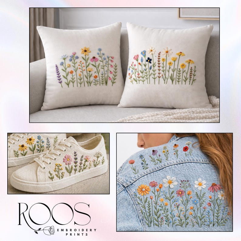 May include: Two cream-colored throw pillows with embroidered wildflowers. A pair of white sneakers with matching floral embroidery. A light blue denim jacket with embroidered flowers. The ROOS Embroidery Prints logo is at the bottom.