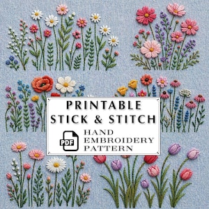 May include: A light blue fabric featuring embroidered floral designs in various colours. The image includes the text "PRINTABLE STICK & STITCH HAND EMBROIDERY PATTERN". The flowers include daisies, poppies, and tulips.