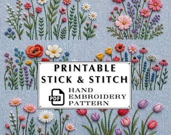 May include: A light blue fabric with embroidered floral designs in various colors. The image includes the text "PRINTABLE STICK & STITCH HAND EMBROIDERY PATTERN". The flowers include daisies, poppies, and tulips.