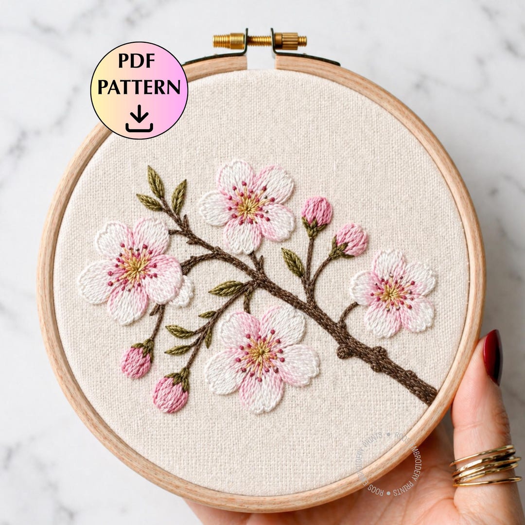 Cherry Blossom Hand Embroidery Pattern, March Birth Month Flower PDF ...