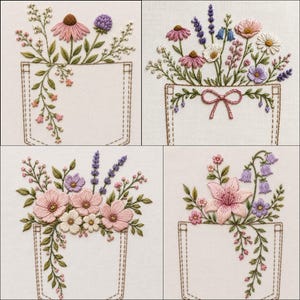 May include: A set of four embroidered fabric panels, each featuring a different floral arrangement emerging from a stitched pocket design. The embroidery includes various wildflowers in shades of pink, purple, blue, and white with green leaves.