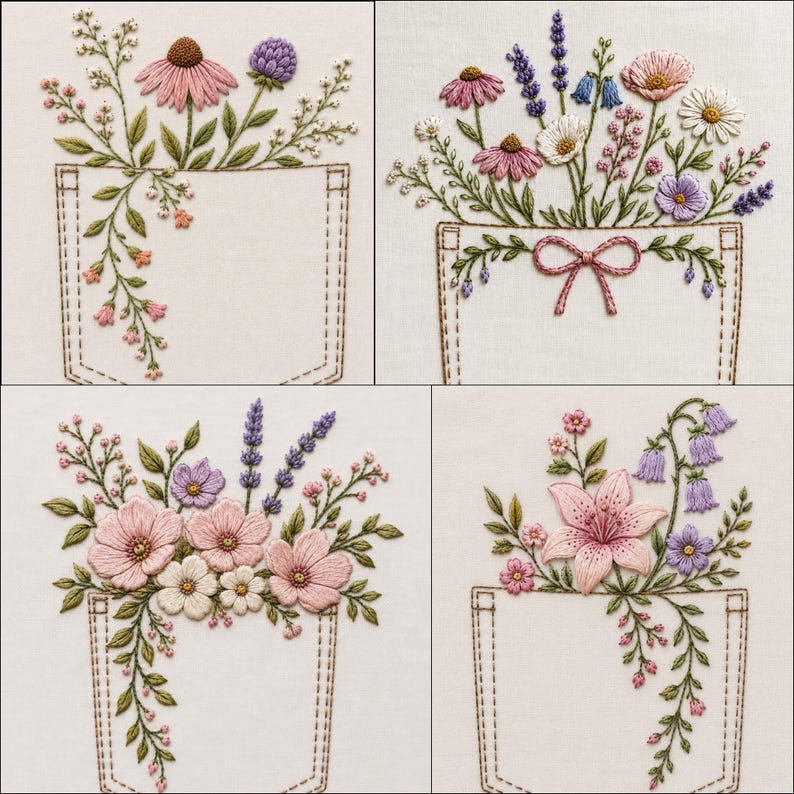 May include: A set of four embroidered fabric panels, each featuring a different floral arrangement emerging from a stitched pocket design. The embroidery includes various wildflowers in shades of pink, purple, blue, and white with green leaves.