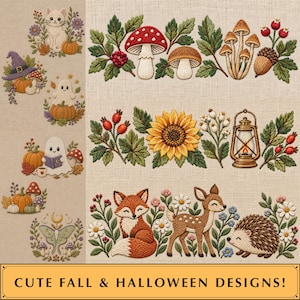 May include: An embroidery pattern sheet featuring fall and Halloween motifs including a cat, ghost, pumpkin, fox, deer, hedgehog, mushrooms, sunflower, and lantern. The text at the bottom reads CUTE FALL & HALLOWEEN DESIGNS on a light beige fabric.