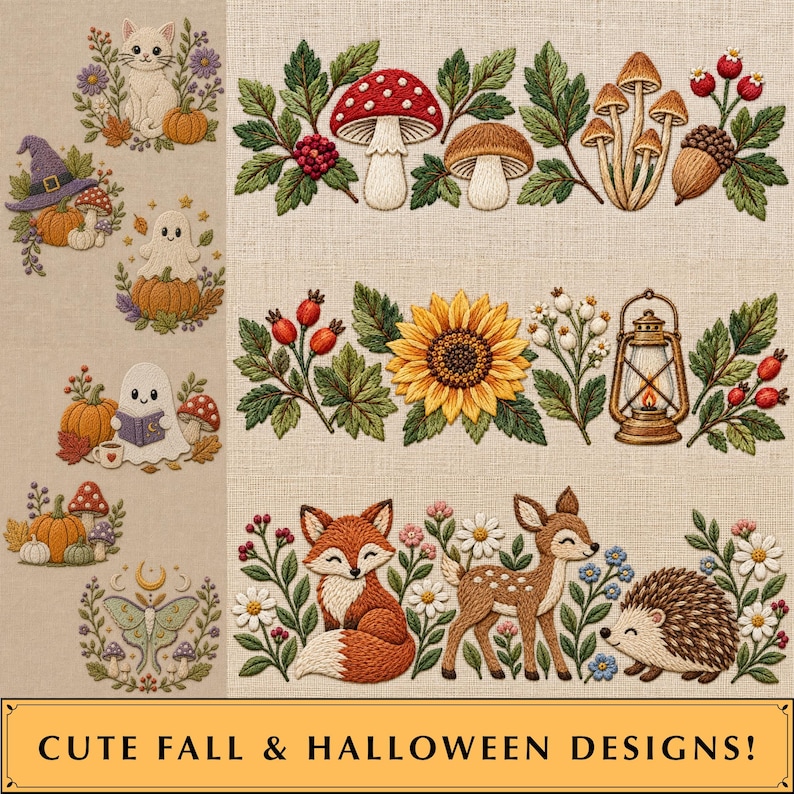 May include: An embroidery pattern sheet featuring fall and Halloween motifs including a cat, ghost, pumpkin, fox, deer, hedgehog, mushrooms, sunflower, and lantern. The text at the bottom reads CUTE FALL & HALLOWEEN DESIGNS on a light beige fabric.