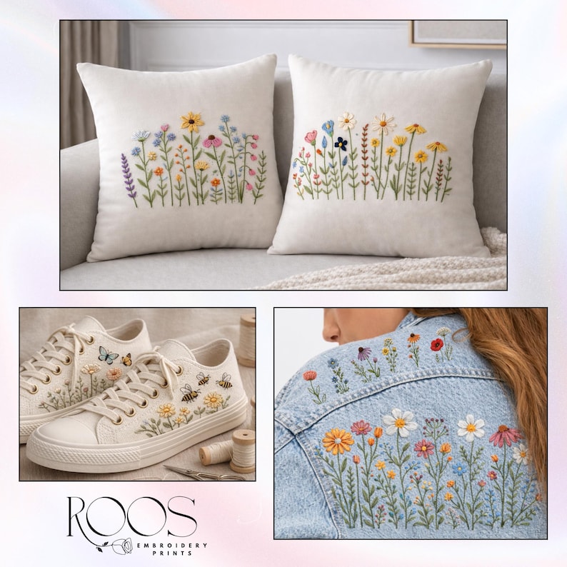 May include: An assortment of embroidered items featuring floral designs. Includes two cream-colored throw pillows with colorful flower embroidery, white sneakers with bee and flower embroidery, and a denim jacket with floral embroidery.