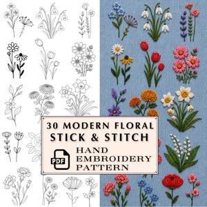 May include: A split-screen image displaying floral embroidery patterns. The left side shows black and white line drawings of flowers. The right side features colourful, hand-stitched floral designs. The image includes text: "30 Modern Floral Stick & Stitch Hand Embroidery Pattern."