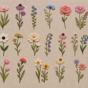 May include: A collection of embroidered flowers in various colors, including pink, purple, blue, yellow, and white, on a beige fabric background. The flowers have green stems and leaves, showcasing detailed needlework. The arrangement includes different flower types.