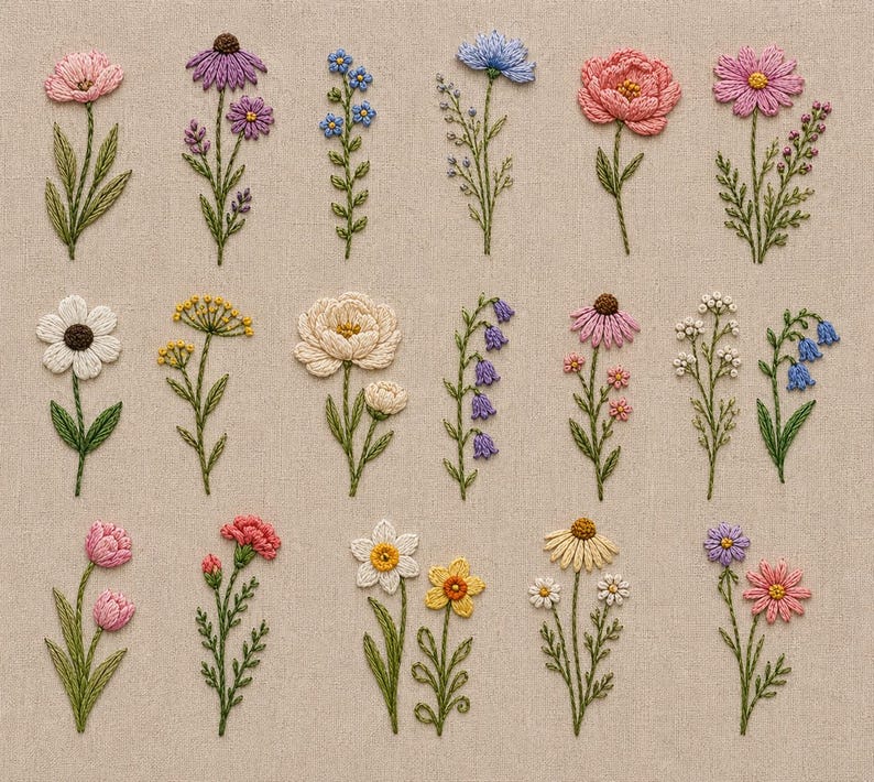 May include: A collection of embroidered flowers in various colors, including pink, purple, blue, yellow, and white, on a beige fabric background. The flowers have green stems and leaves, showcasing detailed needlework. The arrangement includes different flower types.
