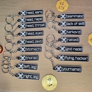 May include: A collection of black rectangular keychains with white text and skull icons. Each keychain features a specific body part or gaming term including head, ears, nape, throat, eyes, jaws, stomach, thorax, legs, teammate, lack of skill, tarkovd, ratted, god nade, flying, hacker, and yourname.
