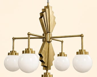 Lámpara de araña Art Déco de latón / Lámpara de araña de 5 luces con forma de globo / Lámpara de techo moderna de mediados de siglo para decoración del hogar