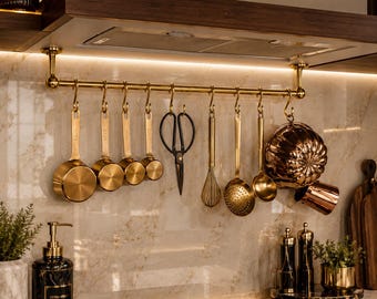 Estante para ollas de latón macizo, riel para debajo del gabinete de cocina, soporte colgante para utensilios, organizador de utensilios de cocina