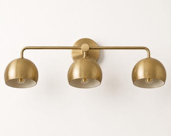 3-Light Raw Brass Vanity Sconce, Mid-Century Modern Wall Lamp, Bathroom Fixture