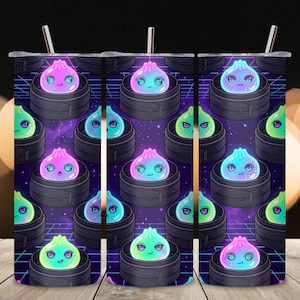 May include: A cylindrical stainless steel tumbler with a lid and straw, featuring a repeating pattern of glowing neon pink, blue, and green dumpling characters in dark bamboo steamers against a dark purple background with a grid design.
