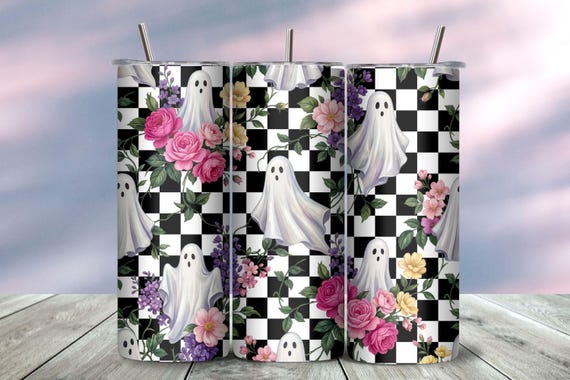 Floral Ghost Halloween Tumbler Wrap, Checkered 20oz Skinny Sublimation PNG, Cottagecore Spooky Design
