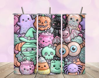 May include: A cylindrical tumbler featuring a repeating pattern of cute Halloween characters including ghosts, pumpkins, a black cat, a witch hat, a mummy, a cauldron, a skull, candy corn, a bat, eyeballs, and a spider, all with a glittery finish.