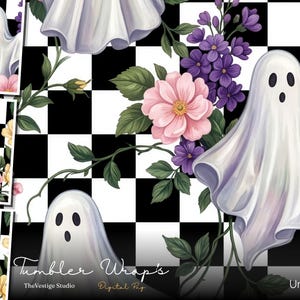 May include: A digital pattern design featuring white ghosts with black oval eyes and mouths, interspersed with pink and purple flowers and green leaves against a black and white checkered background. The text reads Tumbler Wrap's TheVestige Studio.