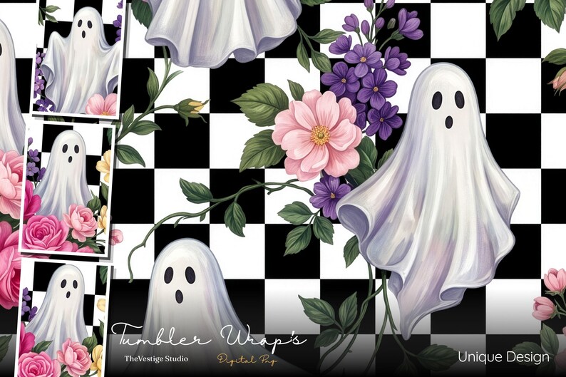 May include: A digital pattern design featuring white ghosts with black oval eyes and mouths, interspersed with pink and purple flowers and green leaves against a black and white checkered background. The text reads Tumbler Wrap's TheVestige Studio.