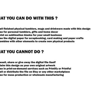 May include: A digital document with black text on a white background outlining usage terms. It lists permitted actions including selling finished physical tumblers and mugs, and prohibited actions such as reselling the digital file or mass production.