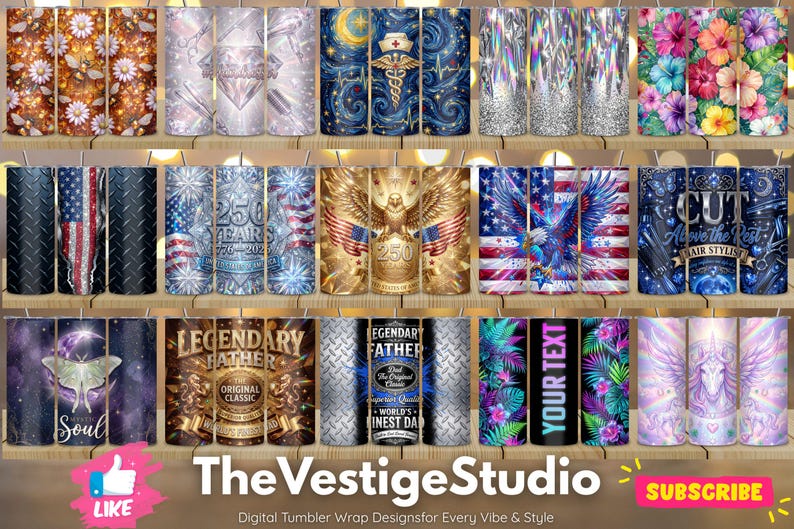 May include: A collection of cylindrical tumblers featuring diverse graphic designs including floral patterns, patriotic eagle motifs, starry night themes, hair styling tools, and text such as Legendary Father, Cut Above the Rest, and Your Text.