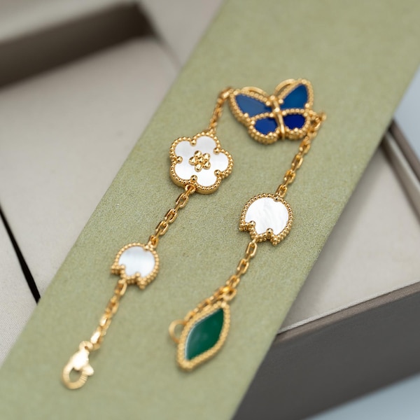Pulsera de mariposa de nácar y ágata azul, plata 925, chapada en oro de 18 quilates.
