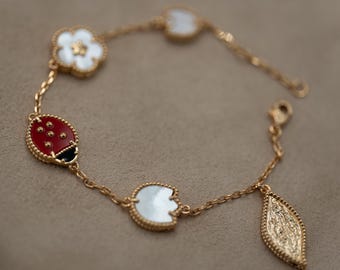 Mother of pearl & Carnelian Ladybug bracelet 925 silver 18k gold plated