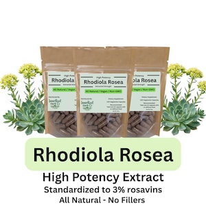 May include: Three pouches of Rhodiola Rosea capsules. Each pouch has a white label with the text "Rhodiola Rosea" and "High Potency Extract". The capsules are brown. The image also includes green plants.