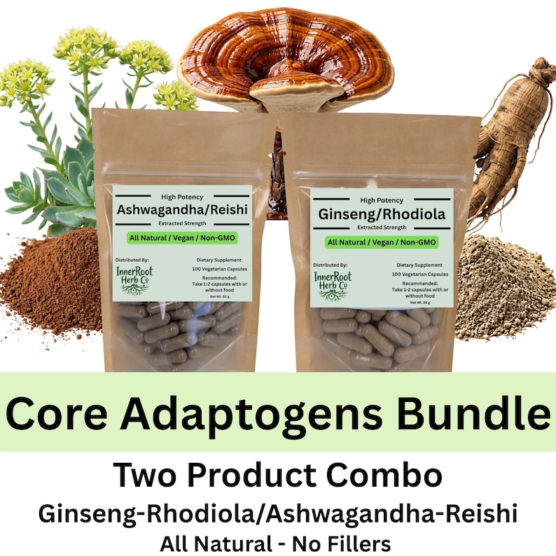 May include: A product bundle featuring two pouches of capsules, labeled "Ashwagandha/Reishi" and "Ginseng/Rhodiola." The image includes a Reishi mushroom, ginseng root, and text that reads "Core Adaptogens Bundle" and "All Natural - No Fillers."