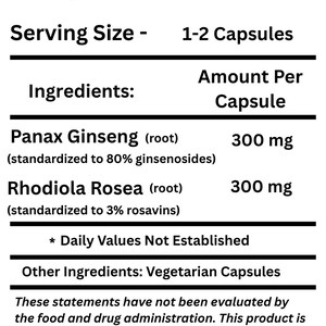 May include: A black and white supplement facts label. The label lists the package size as 100 capsules, with a serving size of 1-2 capsules. Ingredients include Panax Ginseng and Rhodiola Rosea, each at 300 mg per capsule.