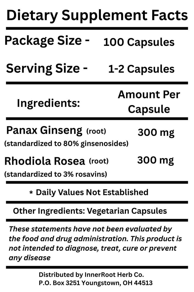May include: A black and white supplement facts label. The label lists the package size as 100 capsules, with a serving size of 1-2 capsules. Ingredients include Panax Ginseng and Rhodiola Rosea, each at 300 mg per capsule.