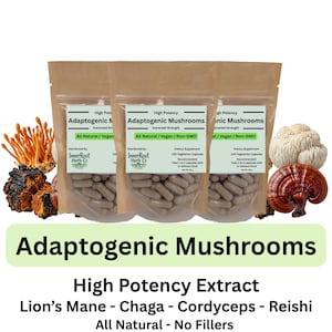 Puede incluir: Tres bolsas de cápsulas de hongos adaptógenos con etiquetas de texto. La imagen también muestra varios tipos de hongos, incluyendo Melena de León, Chaga, Cordyceps y Reishi. El texto de la etiqueta dice "All Natural / Vegan / Non-GMO".