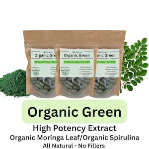 May include: Three pouches of "Organic Green" capsules, with a pile of green powder and a sprig of green leaves. The pouches have a label that reads "High Potency Extract" and "All Natural - No Fillers".