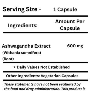 Pu&ograve; includere: Etichetta nutrizionale di un integratore alimentare, che indica la porzione di 1 capsula, con 600 mg di estratto di Ashwagandha. L'etichetta elenca anche altri ingredienti e un disclaimer.