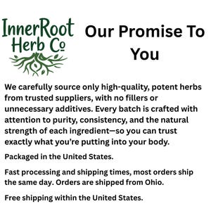 Pu&ograve; includere: Sfondo bianco con testo di InnerRoot Herb Co. Il testo recita "La nostra promessa a te". Il testo descrive l'impegno dell'azienda per la qualit&agrave;, l'approvvigionamento e la purezza degli ingredienti. Cita anche l'imballaggio negli Stati Uniti.