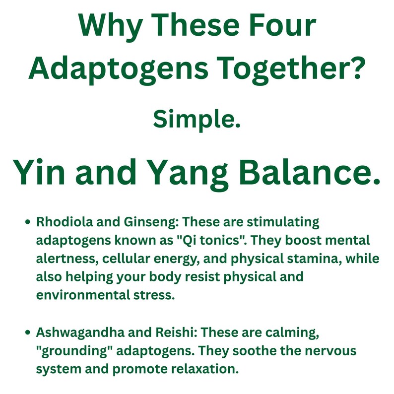 May include: White background with green text. The text reads: "Why These Four Adaptogens Together? Simple. Yin and Yang Balance." Bullet points describe Rhodiola, Ginseng, Ashwagandha, and Reishi adaptogens.