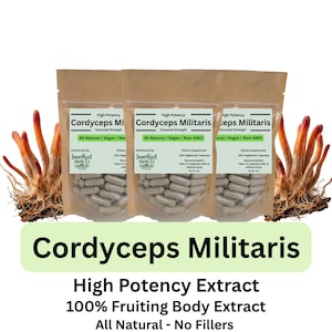 Può includere: Tre bustine di capsule di Cordyceps Militaris con la scritta "High Potency Extract" e "All Natural - No Fillers". L'immagine mostra anche il fungo Cordyceps Militaris. Le capsule sono in una bustina trasparente color beige.