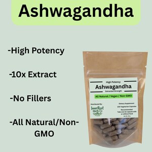 Pu&ograve; includere: Un sacchetto marrone di capsule di Ashwagandha con un'etichetta bianca. L'etichetta recita "High Potency Ashwagandha" e "All Natural/Vegan/Non-GMO". Il testo sul lato sinistro dell'immagine recita "High Potency", "10x Extract", "No Fillers" e "All Natural/Non-GMO".