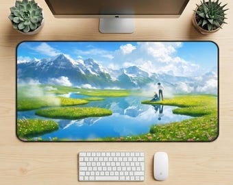 Ghibli Inspired Anime Desk Mat, Grassland View Mouse Pad, XL Gaming Mousepad, Scenic Mountain Anime Desk Pad