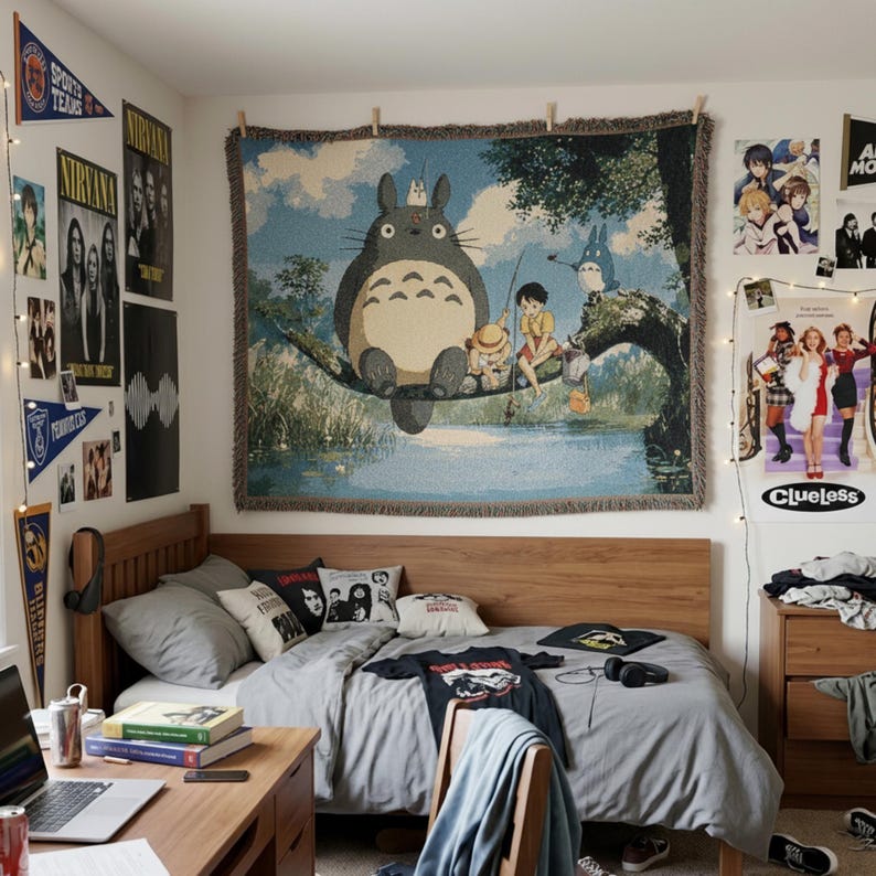 Manta tejida de Totoro de Ghibli / Manta tejida a mano 100% algodón, tapiz de pared de anime imagen 4