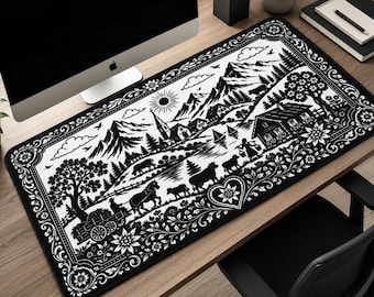 Cottagecore Desk Mat, Vintage Mouse Pad, Black and White Desk Pad, Coquette Aesthetic Keyboard Mat, Aesthetic Desk Decor, Cute Gaming Mat