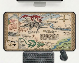 Thorin's Fantasy Map Desk Mat, Dragon Mouse Pad, Hobbit Inspired Gaming Desk Pad, Medieval LOTR Style Keyboard Mat
