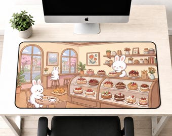 Bunny Bakery Desk Mat, Cute Mouse Pad, Kawaii Desk Pad, Aesthetic Desk Accessories, Bunny Flower Shop Gaming Mousepad, Cute Office Gift